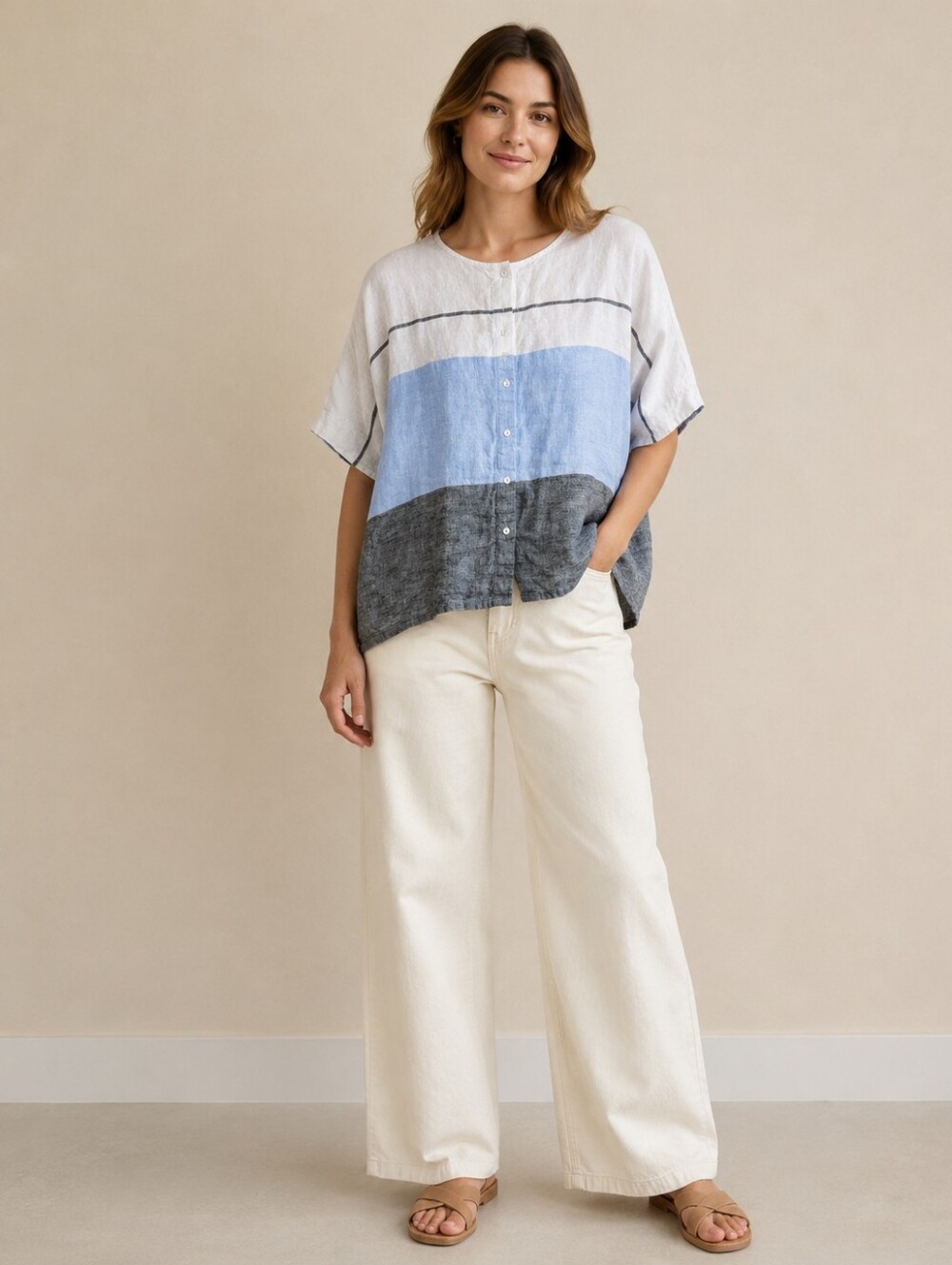 100% Linen Blue Life Colorblock Oversized Dolman Button Front Top
